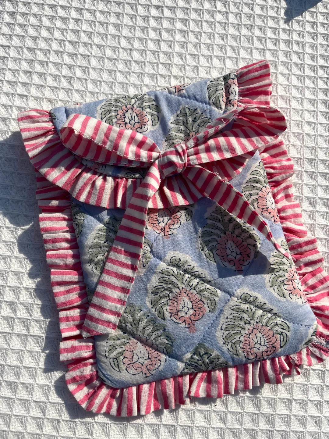 Handmade Quilted Kindle Sleeve: Blue Floral Block Print, Striped Bow - Etsy | Etsy (US)