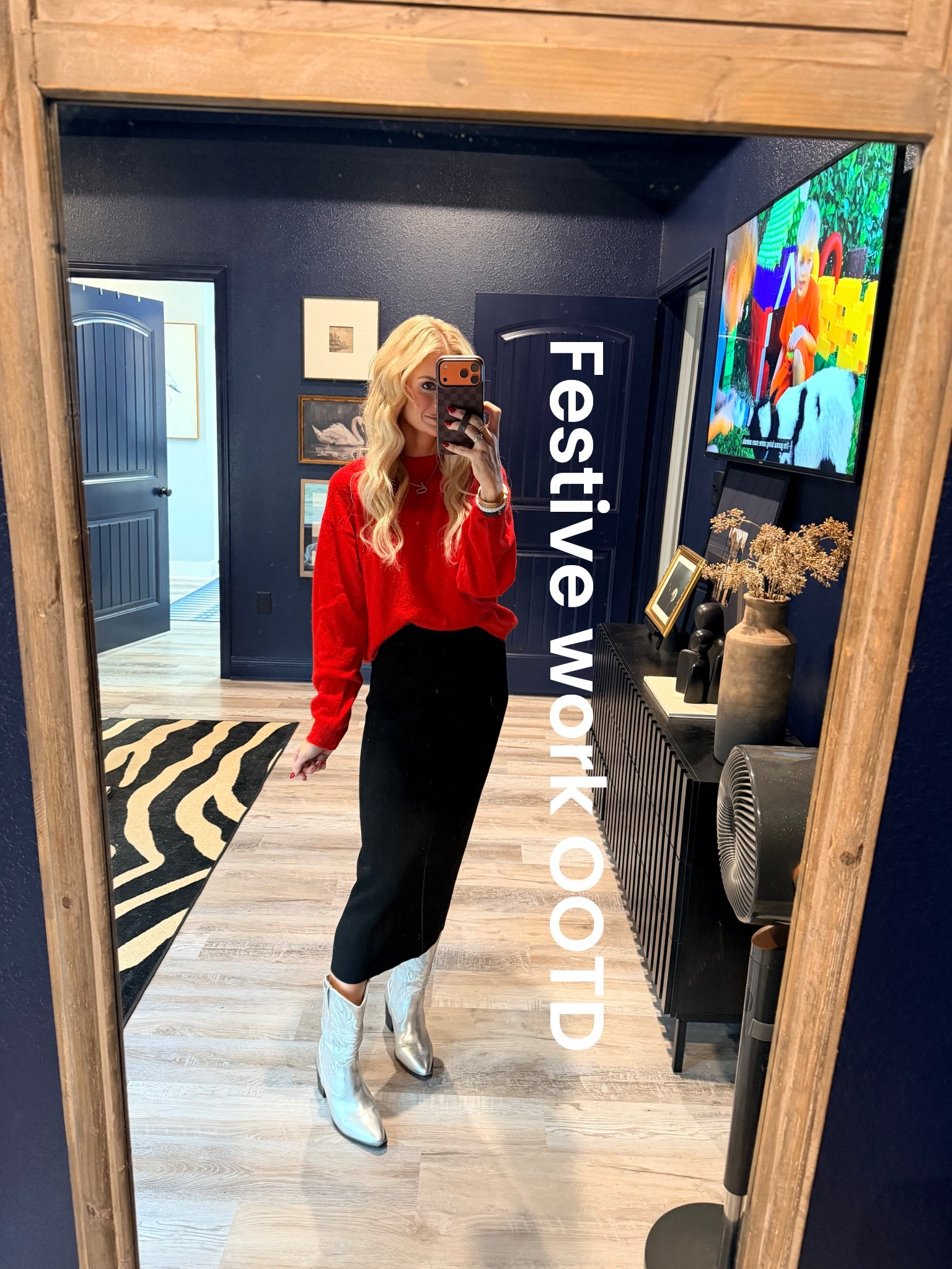 Christmas outfit idea, work Christmas outfit, festive outfit, outfit for the holidays 
XS sweater
S skirt (super old, linked similar)
Boots are tts (old but linked similar)

#LTKHoliday #LTKOver40 #LTKootd