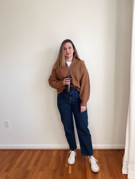 Everlane Way High jean and half zip sweater for a casual Monday look. 