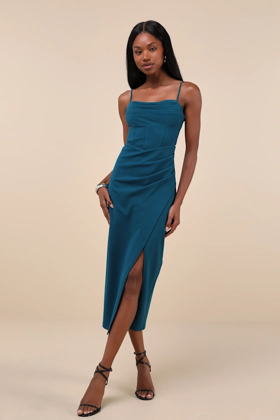 Always Turning Heads Dark Teal Bustier Tulip Midi Dress | Lulus