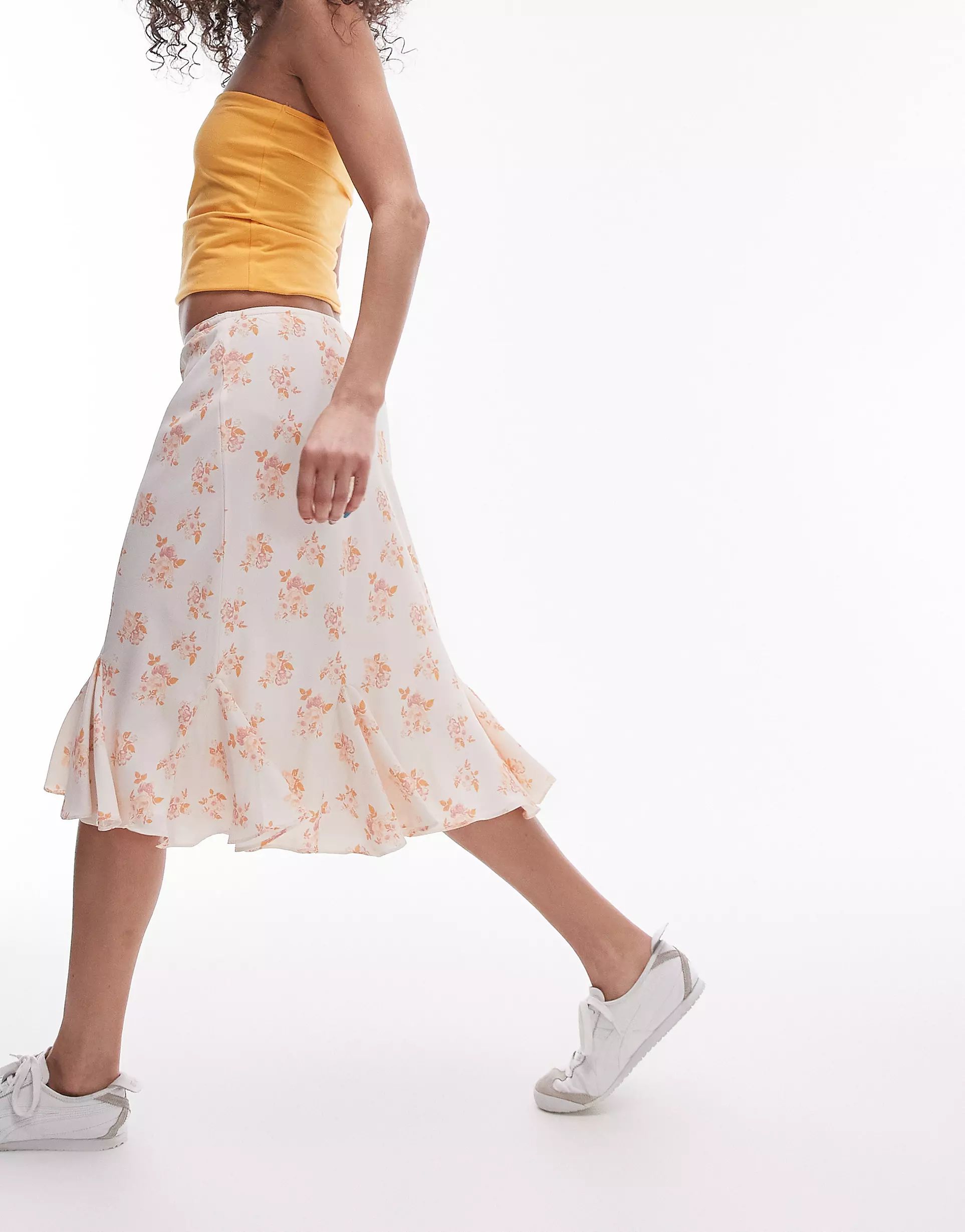 Topshop floral over the knee double ruffle skirt in amber floral | ASOS (Global)