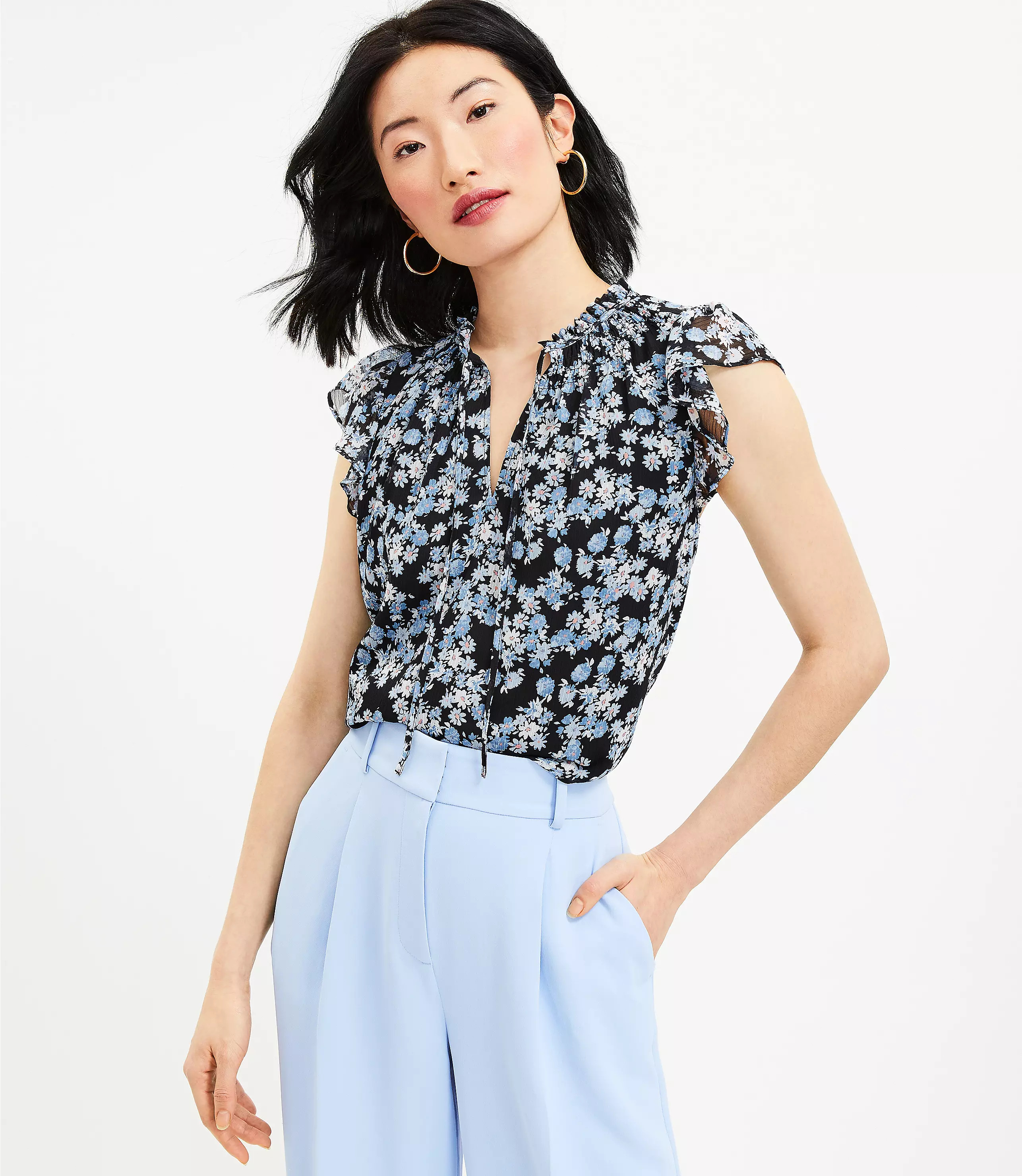 Floral Smocked Tie Neck Flutter Shell | LOFT