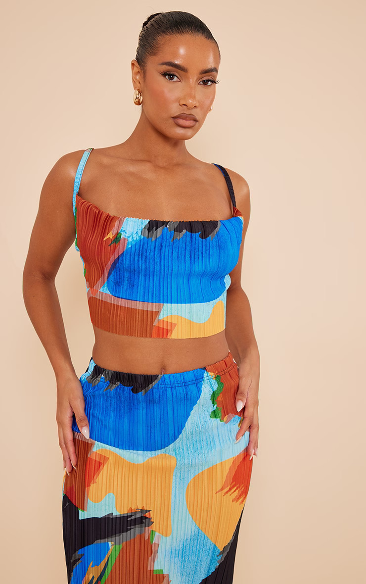 Blue Abstract Print Plisse Strappy Cowl Neck Top | PrettyLittleThing US