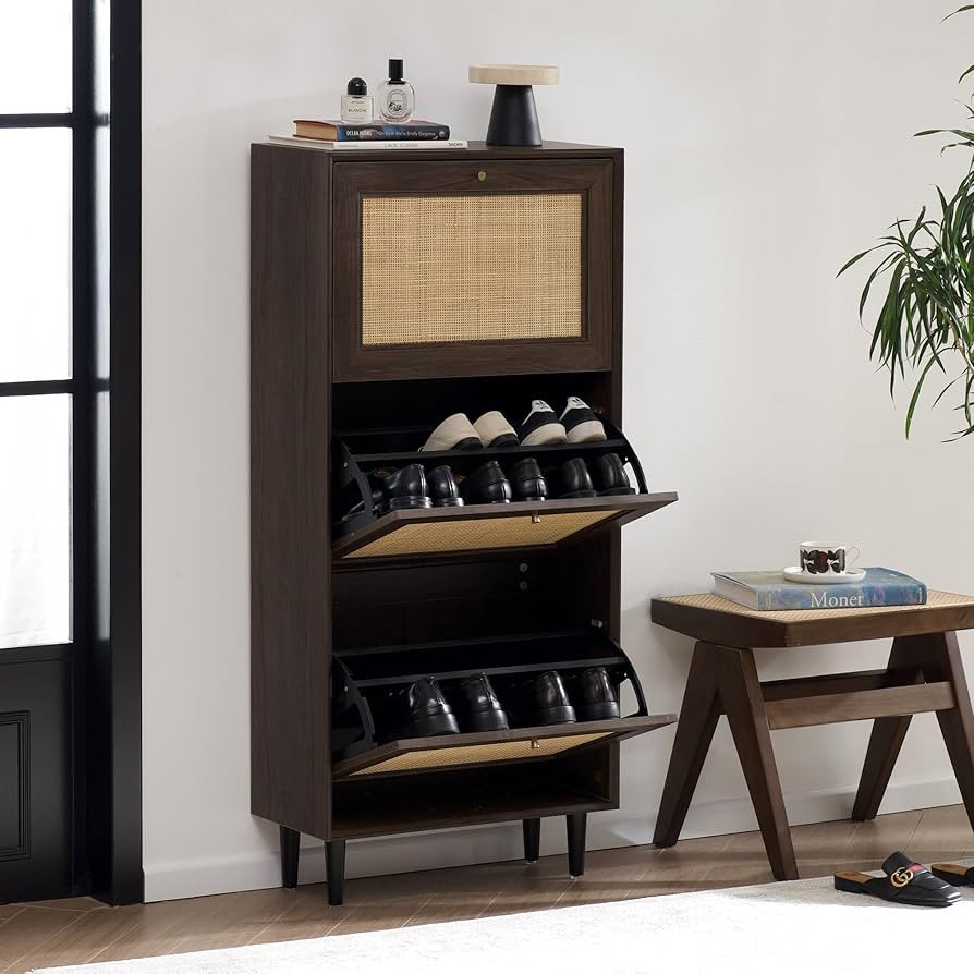 MoomJiee Shoe Cabinet with 3 Flip Drawers,18 Pairs Shoe Storage Organizer Cabinet, Natural Rattan... | Amazon (US)