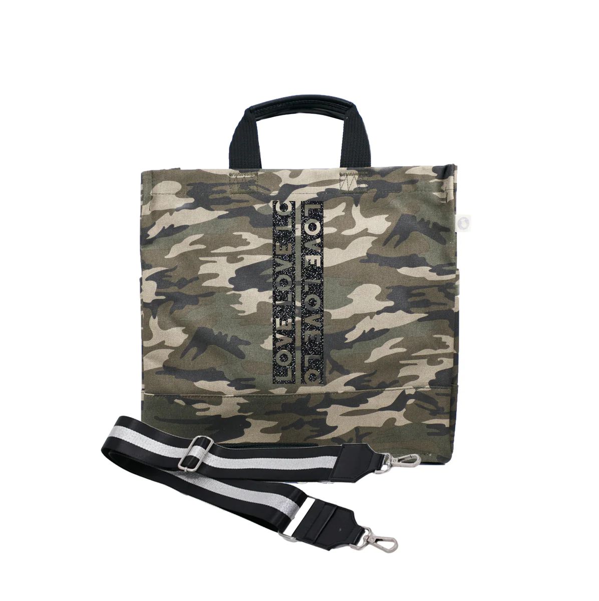 Green Camo Luxe North South Bag with Black Glitter LOVE Stripe and Sil | Quilted Koala