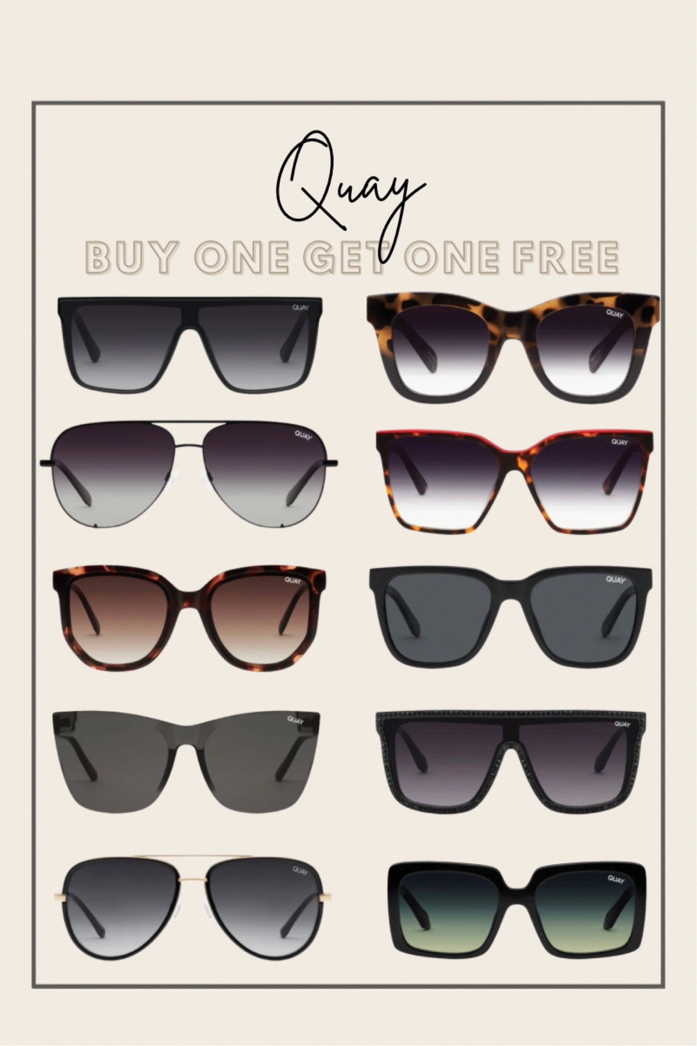 Quay sunglasses sale, buy one get one free. + free shipping over $50

#LTKGiftGuide #LTKsalealert #LTKCyberweek