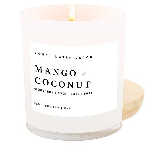 Sweet Water Decor Mango and Coconut Candle - Soy Pineapple, Mango and Orange Scented Summer Candles for Home - 11oz White Glass Jar and Wood Lid, 50+ Hour Burn Time, Made in The USA | Amazon (US)