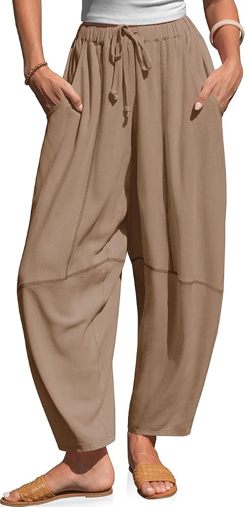 TARSE Womens Linen Barrel Pants Baggy Wide Leg Lounge Pants with Pockets | Amazon (US)