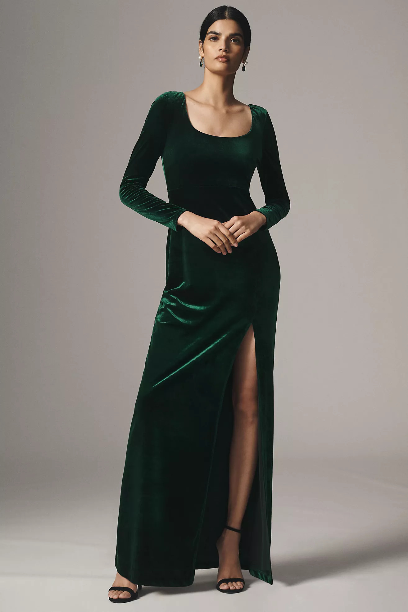 BHLDN Bella Long-Sleeve Scoop-Neck Side-Slit Stretch Velvet Maxi Dress | Anthropologie (US)