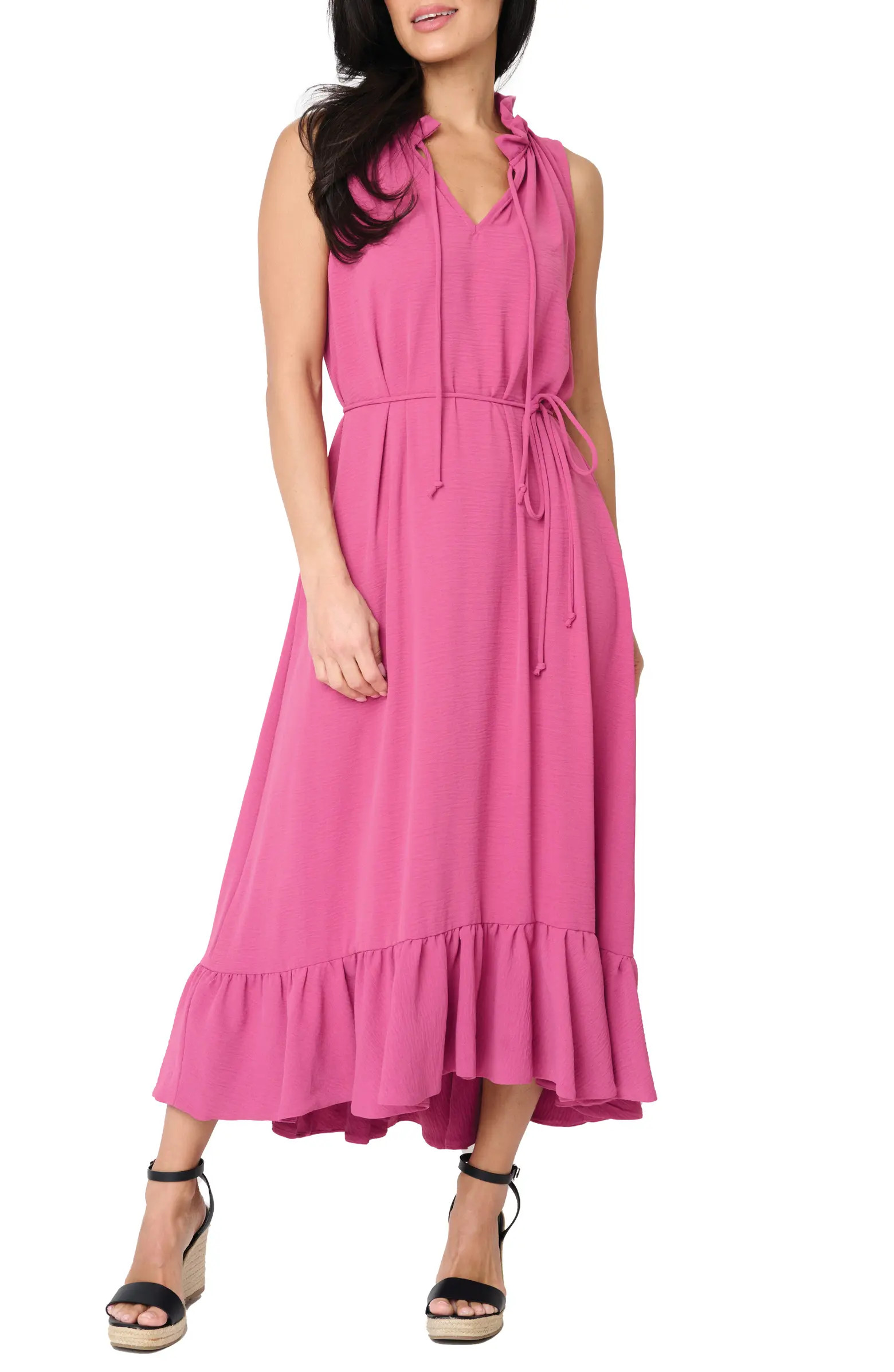 Sienna Split Neck Tie Waist Ruffle Hem High-Low Dress | Nordstrom