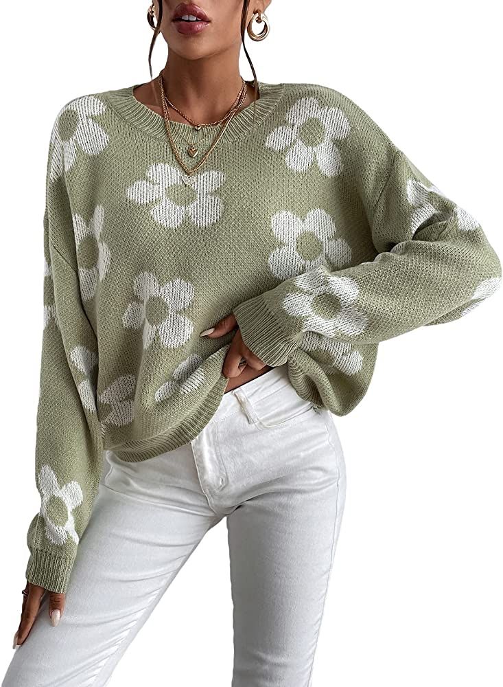 OYOANGLE Women's Ribbed Knit Long Sleeve Top Floral Drop Shoulder Loose Sweater | Amazon (US)