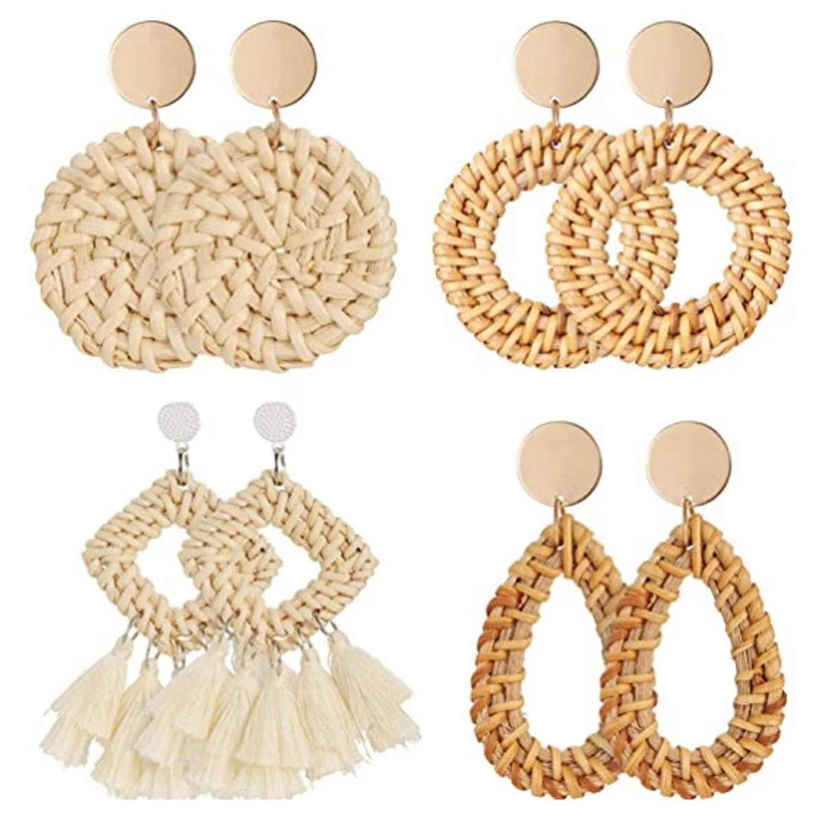 4 Pairs Rattan Earrings Braided Earrings Geometric Braided Rattan tassel Earrings Handmade Bohemi... | Walmart (US)