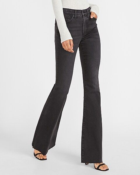 Mid Rise Black Raw Hem Slim Flare Jeans | Express