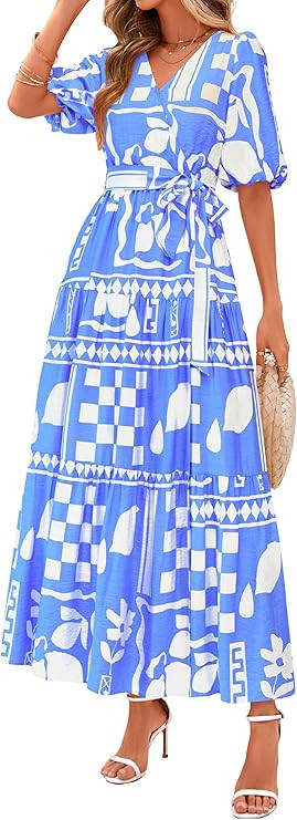 PRETTYGARDEN Women's Summer Maxi Dress 2026 Resort Wear Boho Floral V Neck Puff Short Sleeve Ruff... | Amazon (US)