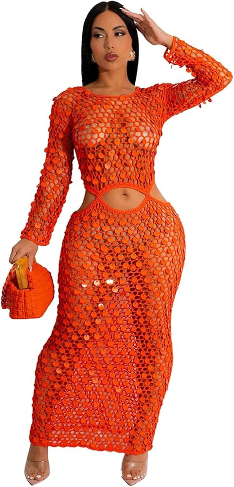 Purubylley Women Sexy Long Sleeve Sequin Crochet Maxi Dress Beach Cover Ups Hollow Out Swimwear B... | Amazon (US)