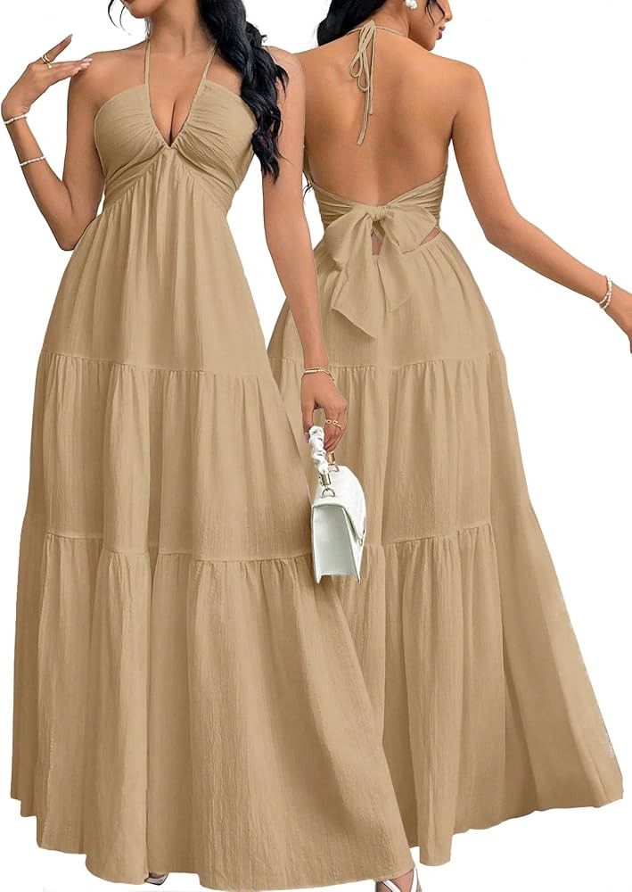 Narecte Women's Maxi Summer Dresses Halter V Neck Beach Dresses for Women A-Line Casual Dress for... | Amazon (US)