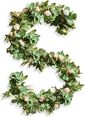 Eucalyptus Garland with Flowers - 17 Ivory Roses - Lush, Natural Looking Eucalyptus and Flower Ga... | Amazon (US)