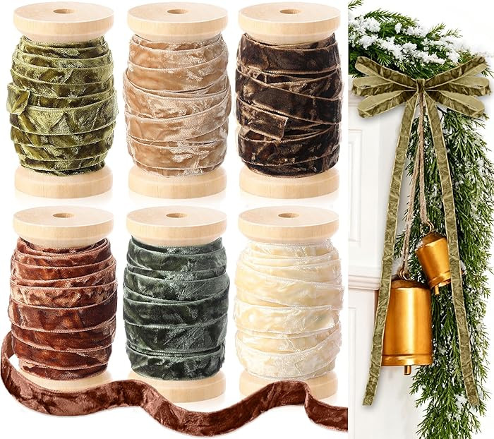 Chuangdi 6 Rolls Velvet Ribbon with Wooden Spool 3/8" x 30 Yards Crushed Luxury Vintage Velvet Ri... | Amazon (US)