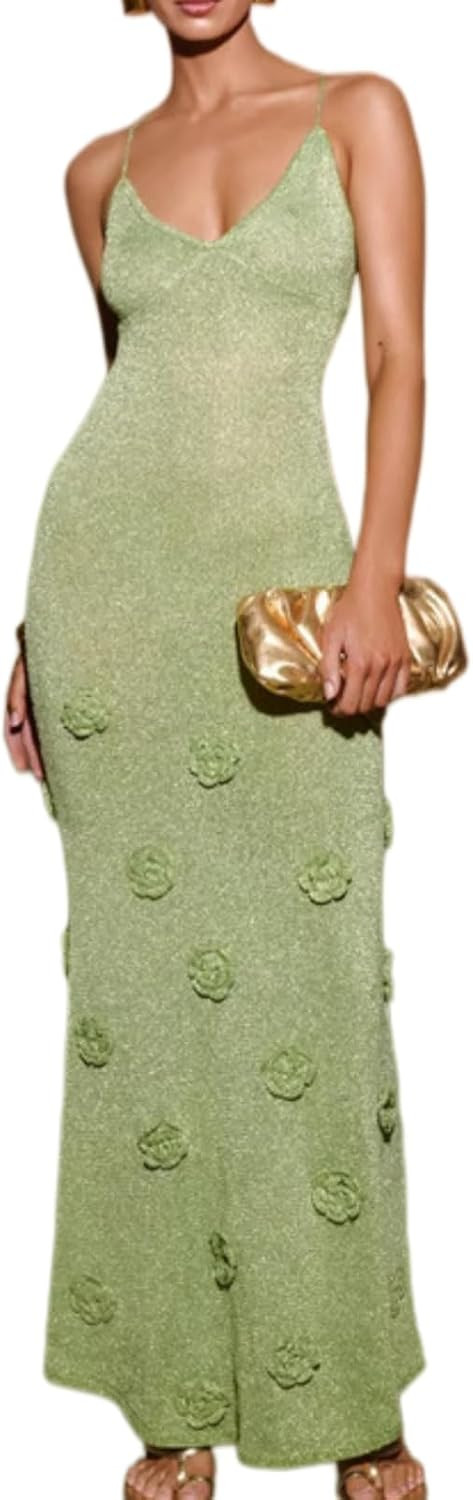 Women Knit Halter Maxi Dress Spaghetti Strap Floral Dresses | Amazon (US)