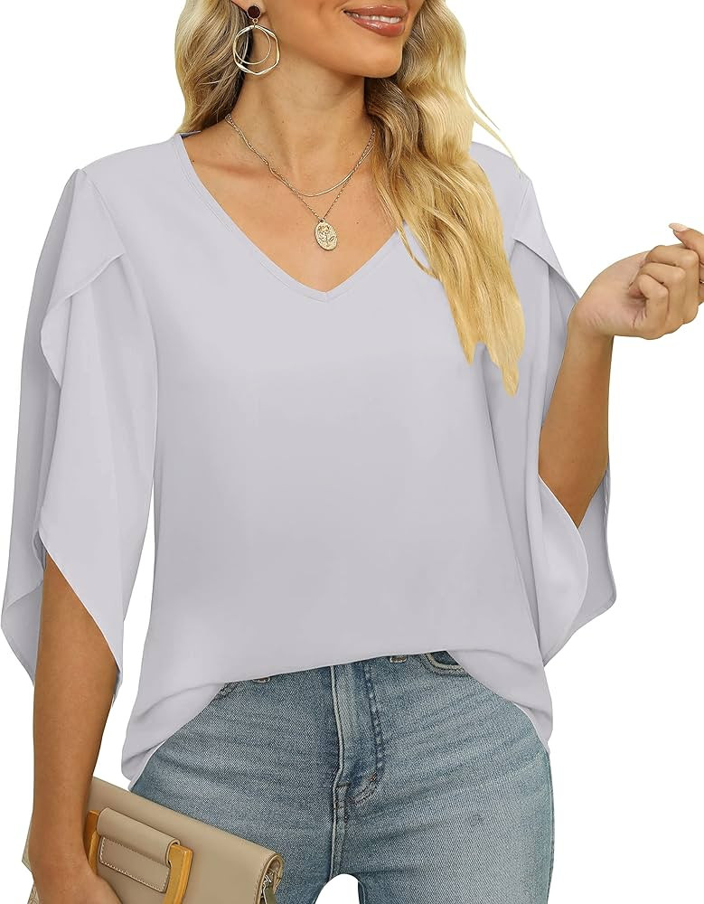 MIROL Women's 3/4 Ruffled Sleeve Tops V Neck Chiffon Blouse Flowy Solid Shirts | Amazon (US)