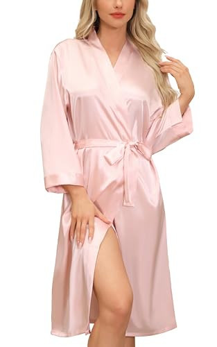 Sopesil Women's Satin Dressing Gowns Long Ladies Kimono Morning Robes Bridal Soft Wedding Party Sleepwear V-Neck,Pink, XXL | Amazon (UK)