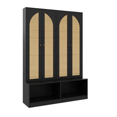 Farmhouse Hall Tree with Rattan Doors, Versatile 4-in-1 Entryway Storage Bench with 6 Hooks & Shoe Cabinet, Mid-Century Walnut Organizer with Hidden H | Wayfair North America