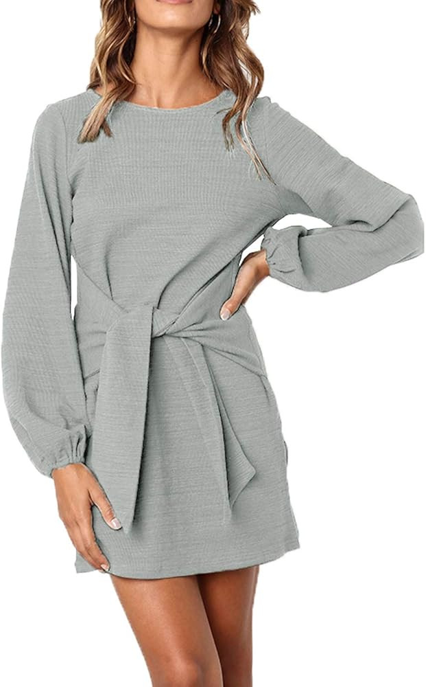 Amazon.com: PRETTYGARDEN Women’s Elegant Long Lantern Sleeve Short Dress Crewneck Tie Waist Kni... | Amazon (US)