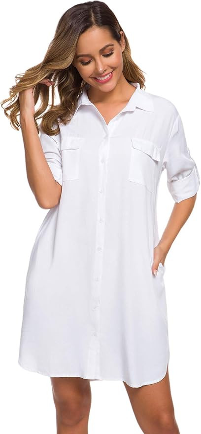 LUSMAY Women's Long Sleeve V Neck Button Down Shirt Dresses Casual Summer Dress with Pocket | Amazon (US)