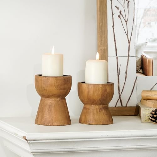 NIKKY HOME Farmhouse Wooden Candle Holders Set of 2, Rustic Solid Wood Pillar Candlesticks Pedest... | Amazon (US)