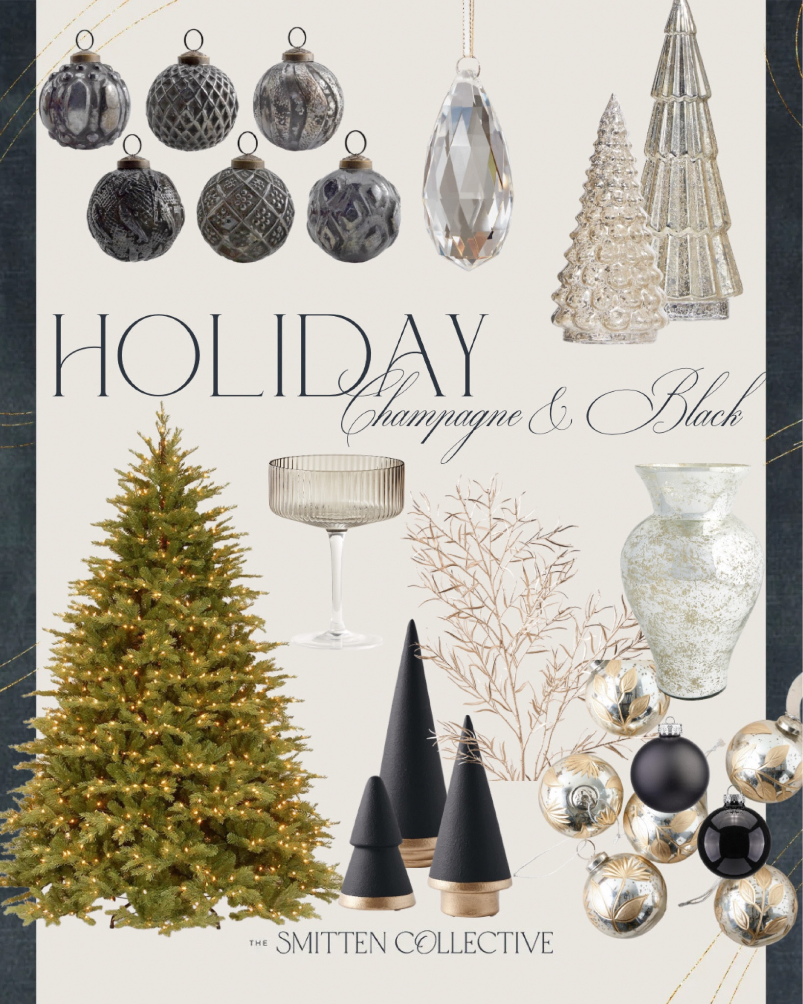 Champagne and black holiday decor including a 7.5’ Christmas tree, vintage black ornaments, silver and gold mercury glass ornaments, modern tabletop trees, gold faux branch decor, and fluted champagne glasses.

#LTKhome #LTKHoliday #LTKfindsunder50