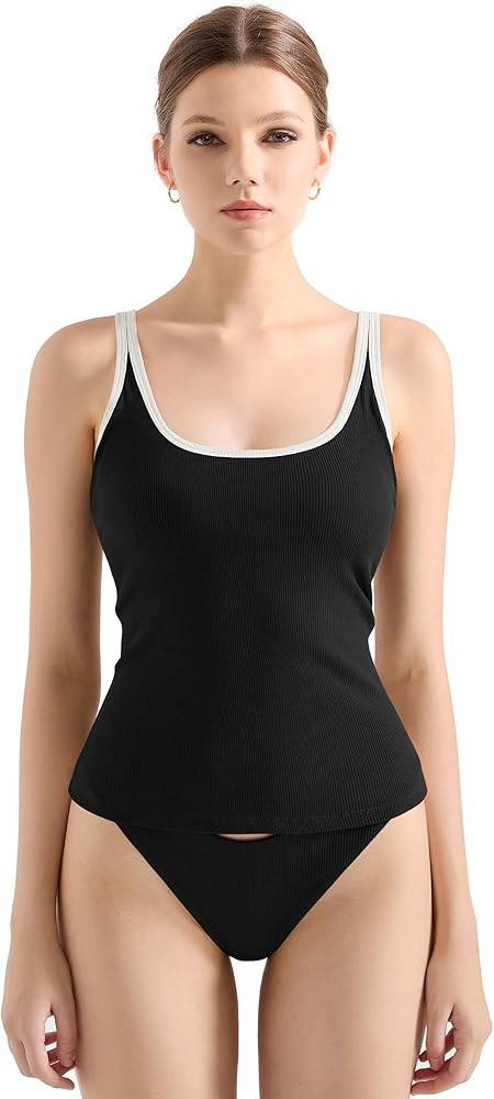 SUUKSESS Women Padded Ribbed Long Tank Tops Summer Going Out Basic Scoop Neck Cami Tops | Amazon (US)
