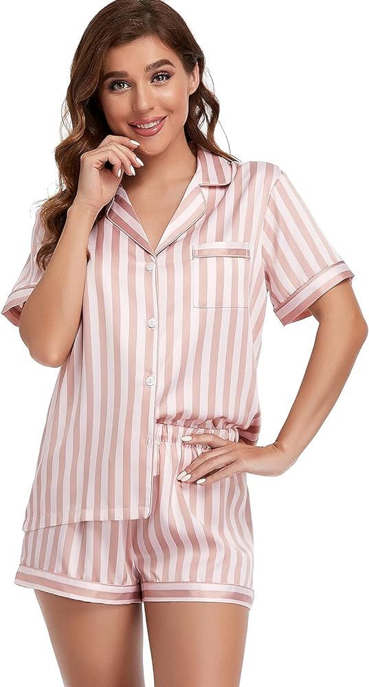 Serenedelicacy Women's Satin Pajama Set 2-Piece Sleepwear Loungewear Button Down Short Sleeve PJ ... | Amazon (US)