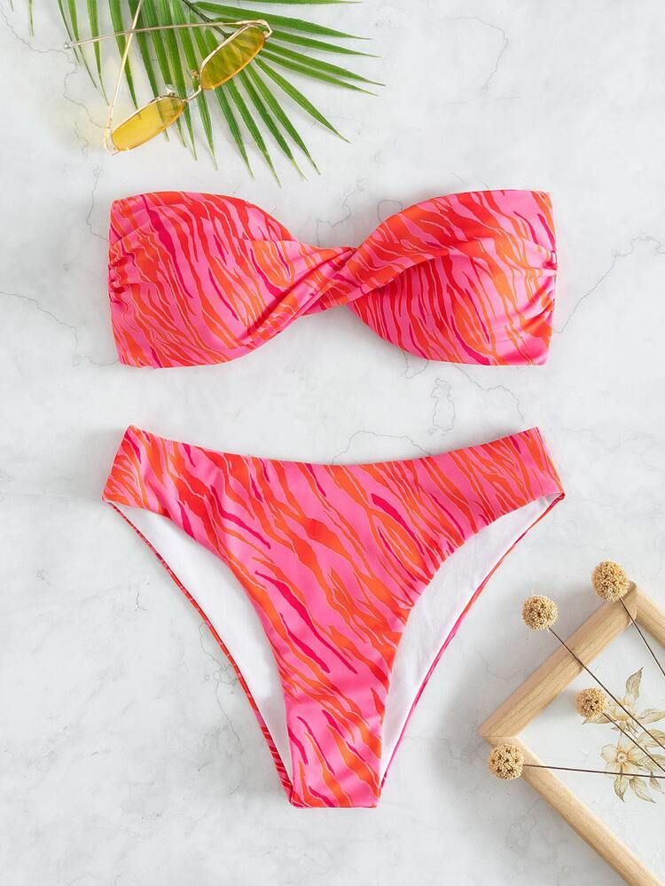 Zebra Stripe Twist Bandeau Bikini Swimsuit | SHEIN