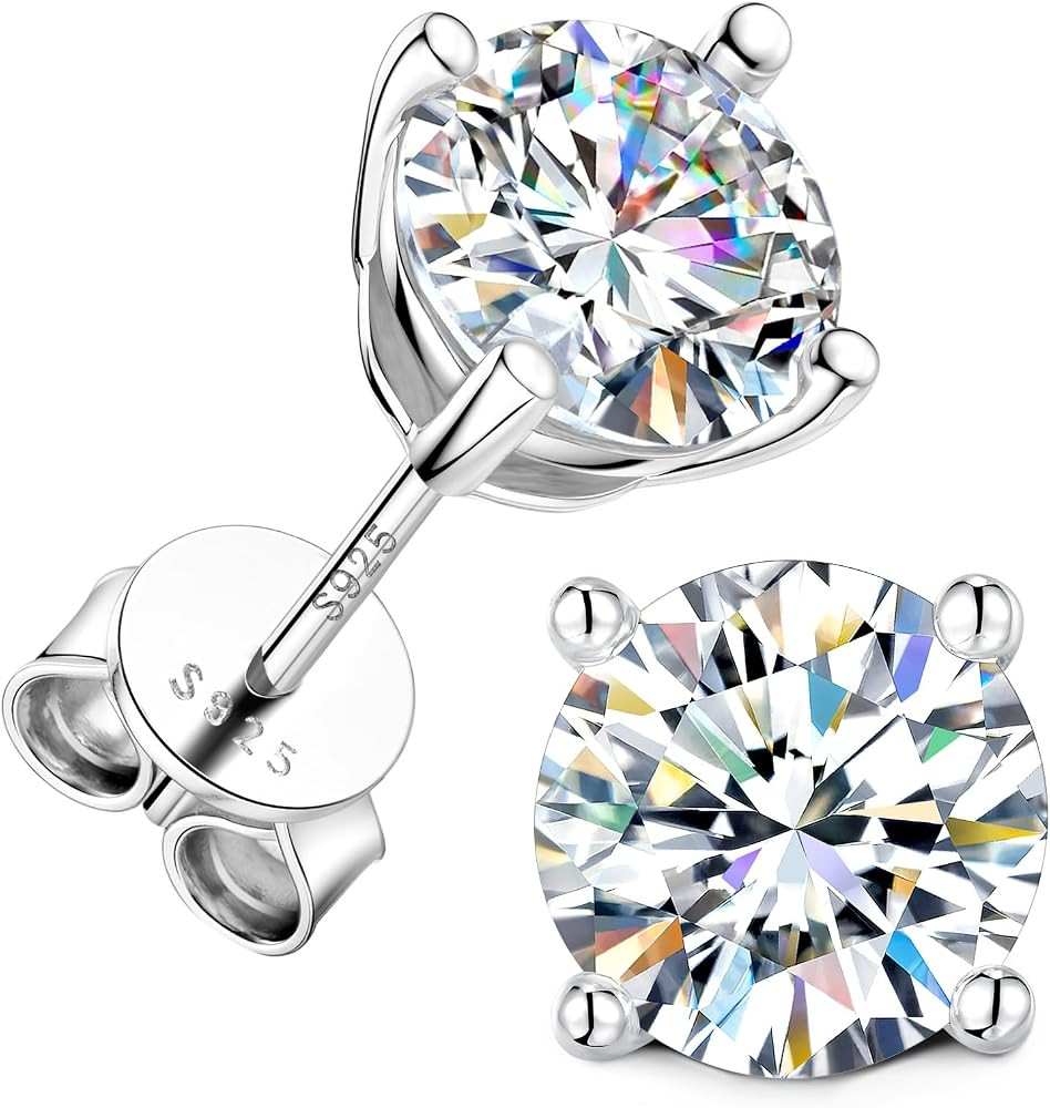Moissanite Stud Earrings 18K White Gold Plated 925 Sterling Silver Hypoallergenic Studs D Color V... | Amazon (UK)