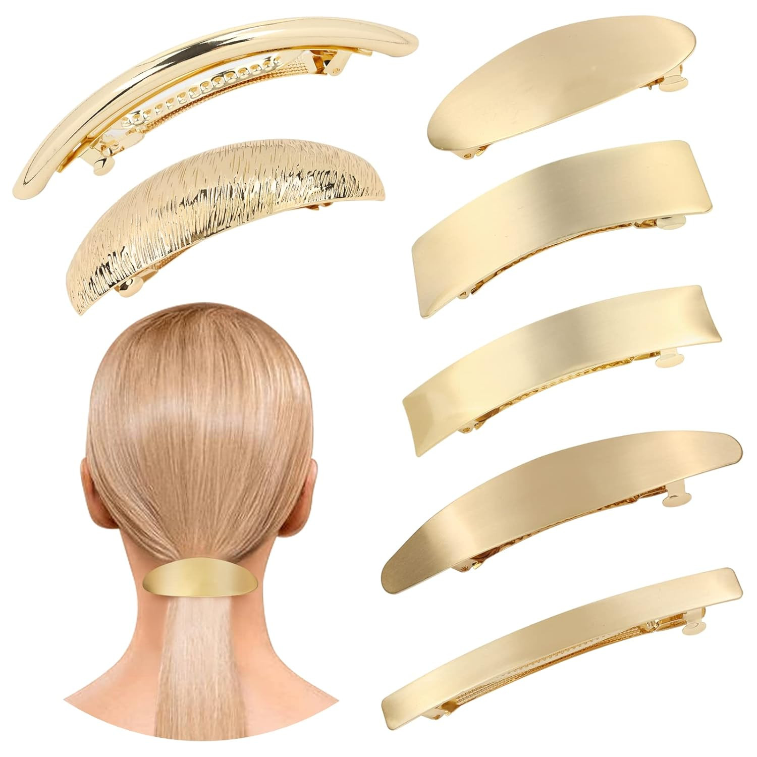 Cinaci 7 Pack Simple Elegant Gold Metal French Barrettes Decorative Snap Hair Clips Barrettes Clamps Accessories for Women Girls | Amazon (US)