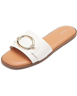 vodvob Women's Flat Sandals Fashion Square Open Toe Metal Chain Summer Dressy Sandals Slip On Cas... | Amazon (US)