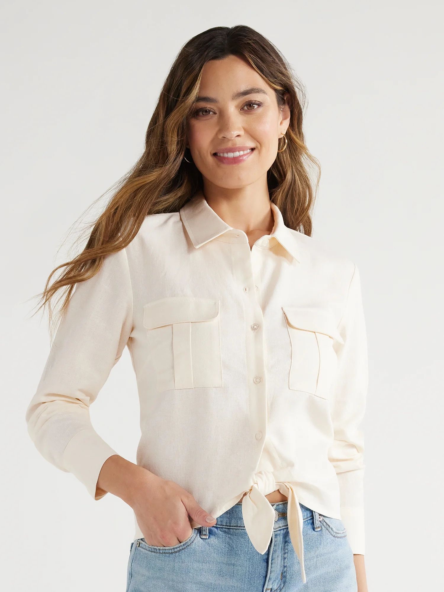 Sofia Jeans Women's and Women's Plus Linen Blend Tie Front Top with Cargo Pockets, Sizes XS-5X | Walmart (US)