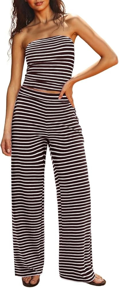 UNCOOYEE Two Piece Sets For Women Summer Outfits Lounge Sets Striped Tube Top And Pants Matching ... | Amazon (US)