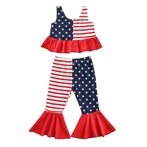 Genuiskids Toddler Baby Girl 4th of July Outfit Fly Sleeve American Flag T-Shirt Tank Crop Tops F... | Walmart (US)