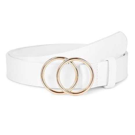 Women's Leather Ring Belt for Jean, Double Circle Buckle Belts Fit Waist 26-42 Inch | Amazon (US)