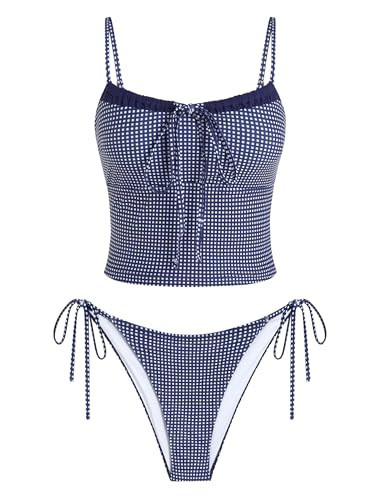 ZAFUL Navy Gingham Tankini Swimsuits for Womens Cute Tankini Bathing Suits Two Piece Checkered Tankinis Sets Bow Color Block Swimsuits with Tie Side Bottom | Amazon (US)