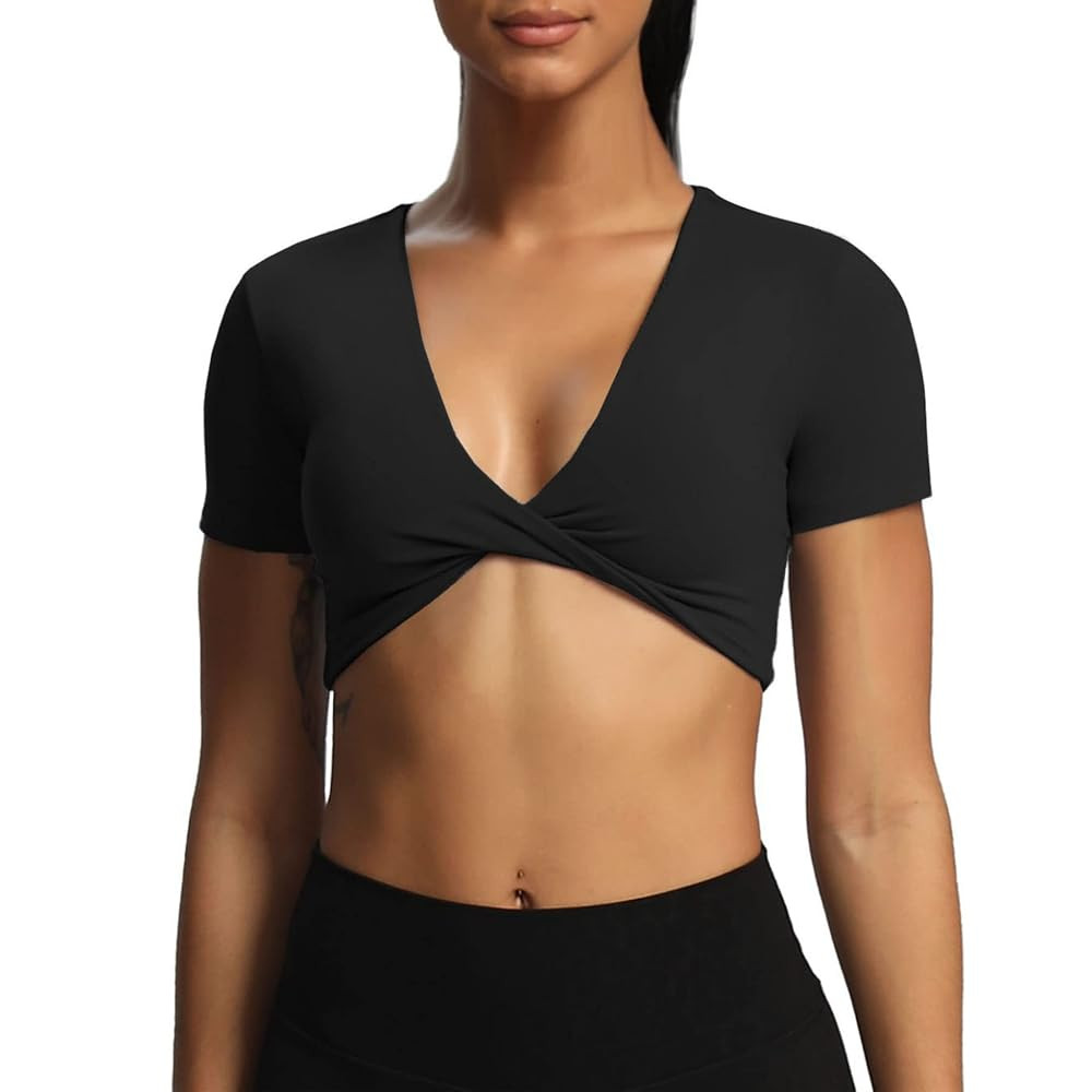 Aoxjox Short Sleeve Crop Tops for Women Sienna Twist Deep V Workout Cropped T Shirt Top | Amazon (US)