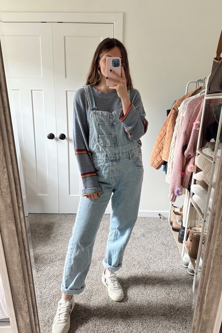 wearing small in overalls 
striped sweater is part of a sweater set, so comfy & versatile, wearing a small 

Casual fall outfit 
Postpartum 
Overalls outfit 
Early winter outfit 

#LTKHoliday #LTKSeasonal
