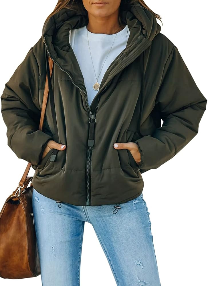 Dokotoo Womens Winter Full Zipper Hooded Puffer Jacket Short Coat with Pockets | Amazon (US)