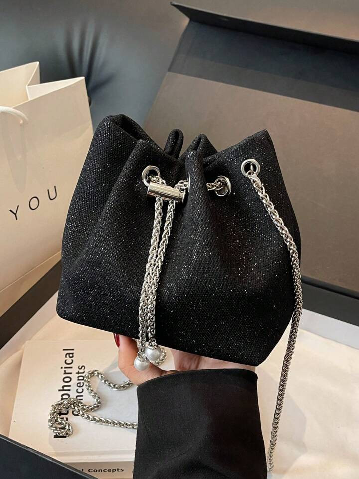 Mini Sparkly Green-Pink Polyester Drawstring Bucket Bag With Chain Strap, Women's Single Shoulder... | SHEIN