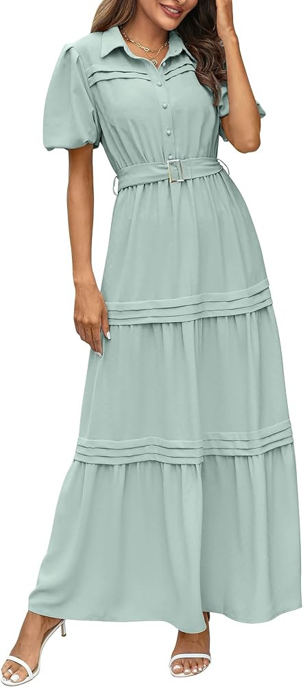 PRETTYGARDEN Women's Summer Maxi Dress Puff Short Sleeve Lapel V Neck Tiered A Line Flowy Elegant... | Amazon (US)