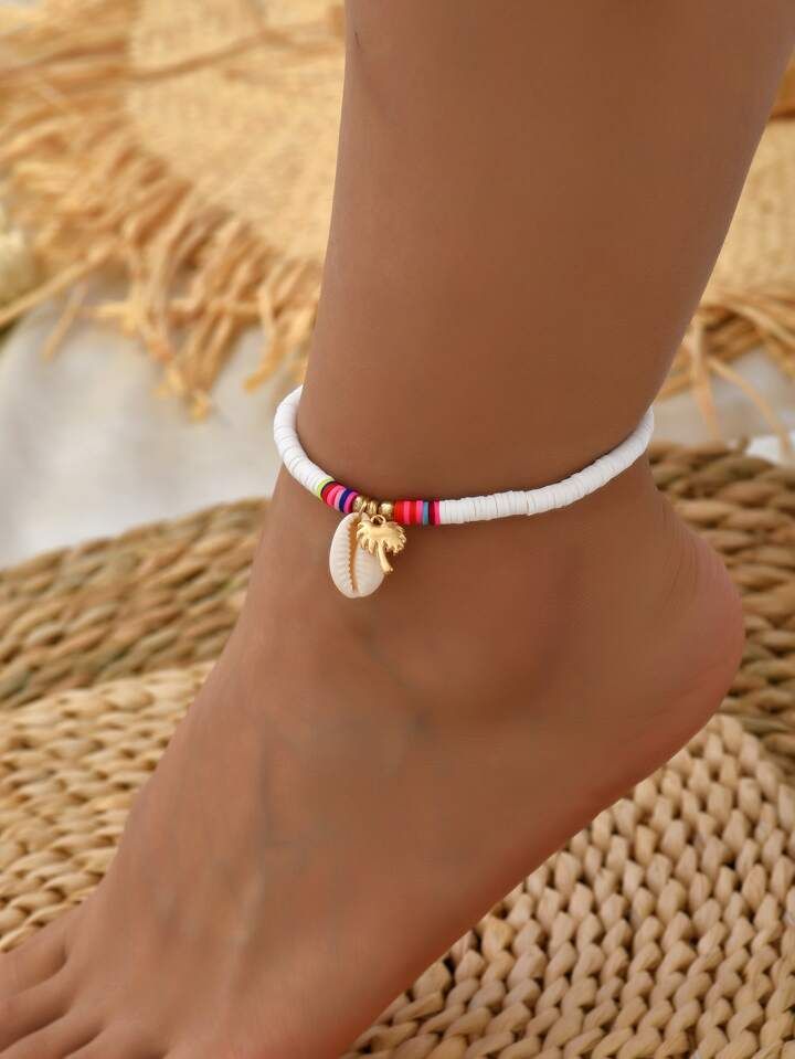1pc Natural Shell & Coconut Tree Pendant Clay Beaded Anklet, Beach Vacation Style, Suitable For W... | SHEIN