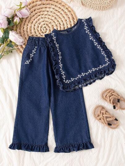 Vintaside Kids Young Girl Countryside Style Denim 2-Piece Set: Blue Washed Ruffle Trim Sleeveless... | SHEIN
