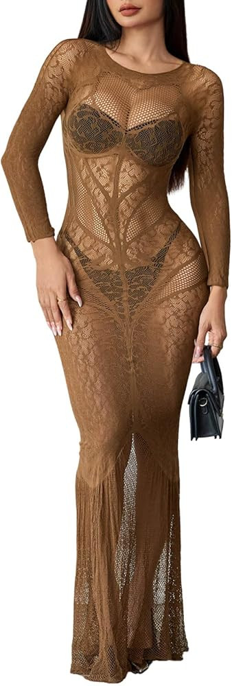 Women's Sexy Sheer Lace Maxi Dress Long Sleeve Round Neck Mesh Evening Bodycon Party Gown | Amazon (US)