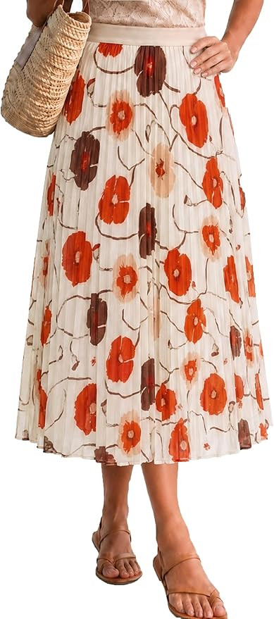 Arach&Cloz Women's Chiffon Wide Elastic Band A-Line Pleated Floral Pleated Skirts | Amazon (US)